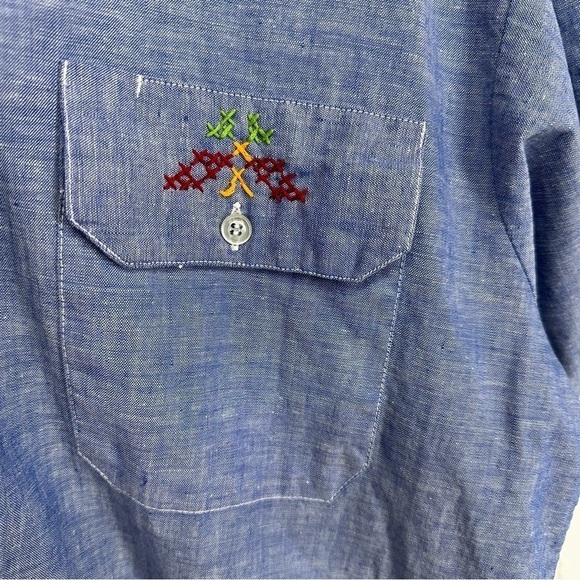Hand Sewn Large One of A Kind Monogramed JH Embroidered Blue Chambray Shirt - Picture 5 of 13